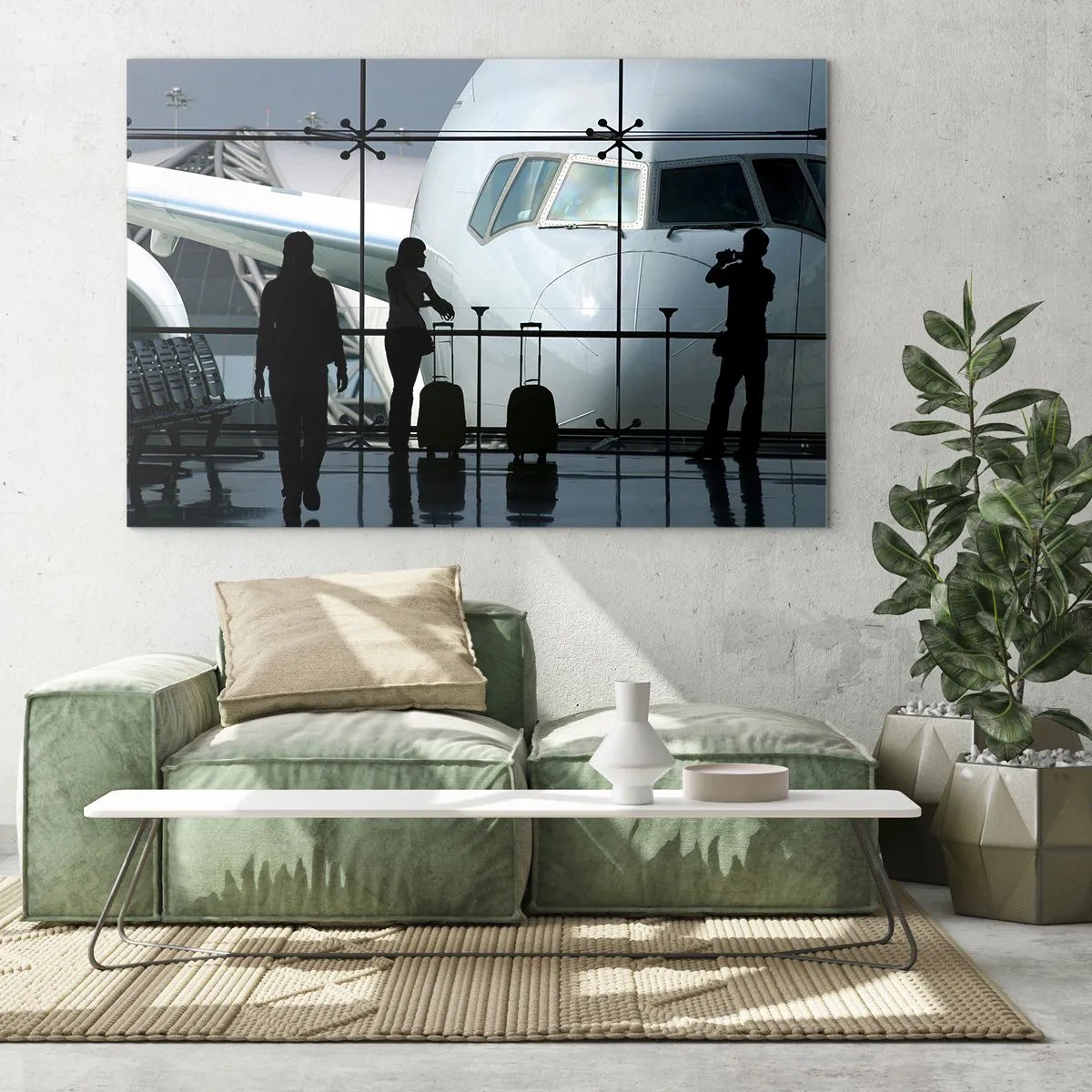 Obraz na skle - Letisko s výhľadom na lietadlo a siluety cestujúcich - 70x50cm - Vis a vis na letisku - Moderná nástenná dekorácia do obývacej izby a spálne ARTTOR