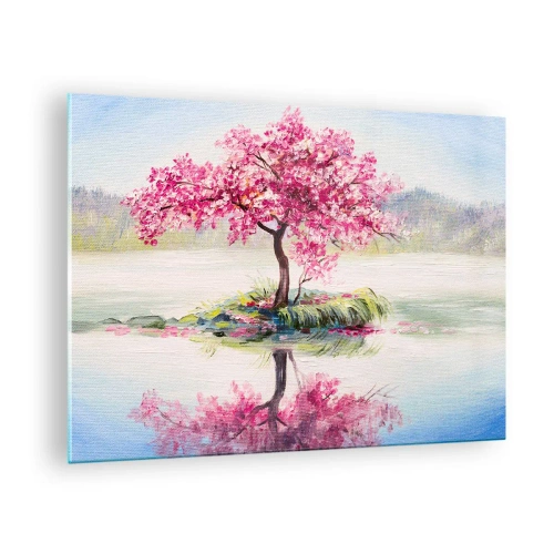 Obraz na skle - Ružový strom na ostrove odrážajúci sa v pokojnej vode - 70x50cm - Sviatok jari - Moderná nástenná dekorácia do obývacej izby a spálne ARTTOR
