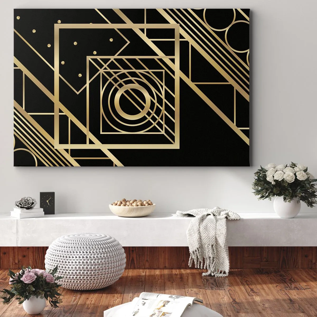 Obraz na plátne - Zlaté geometrické vzory na čiernom pozadí - 70x50cm - Zlatá geometria - Moderná nástenná dekorácia do obývacej izby a spálne ARTTOR