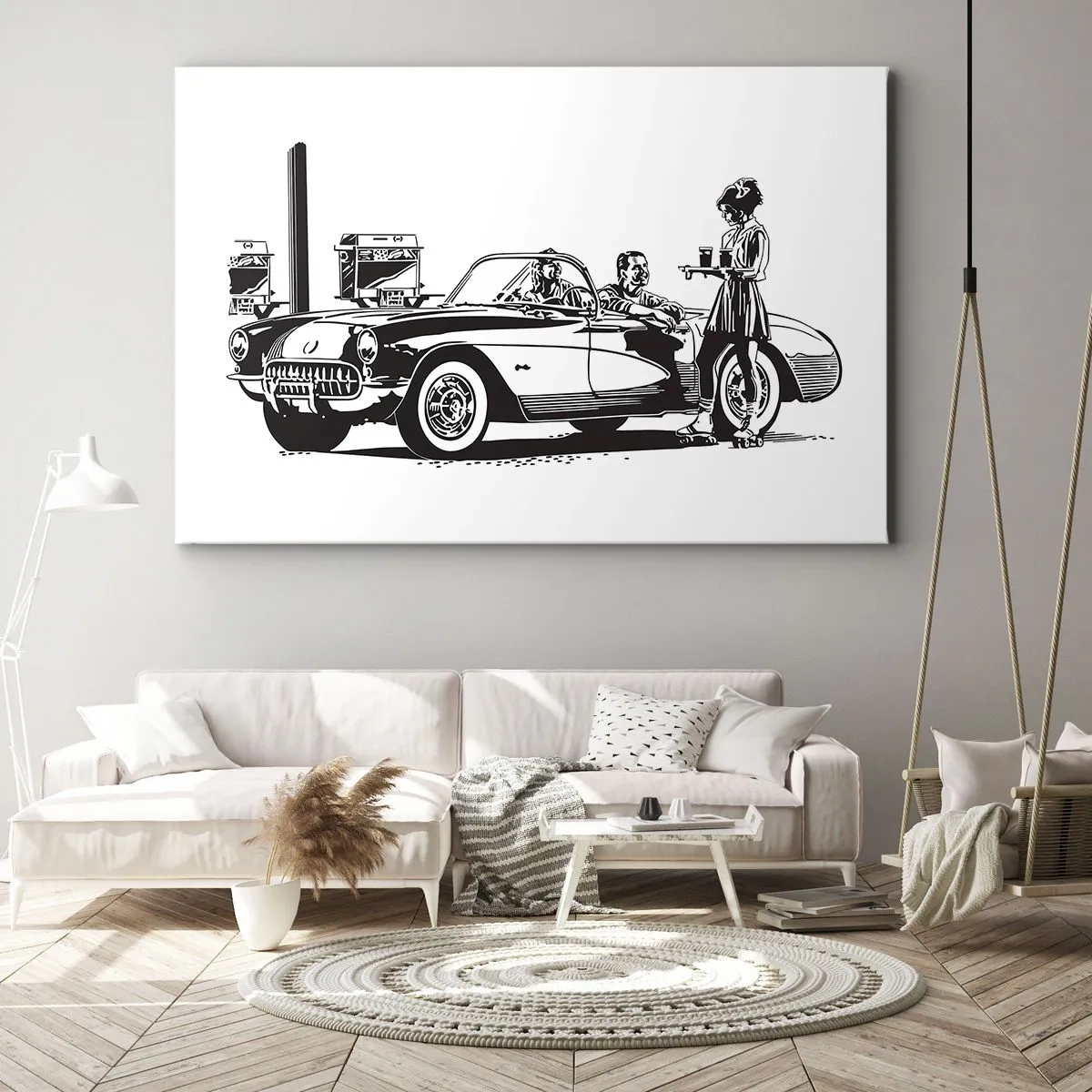 Obraz na plátne - Čiernobiela retro scéna s autom a čašníčkou na kolieskových korčuliach. - 70x50cm - 60. - bezstarostná Amerika - Moderná nástenná dekorácia do obývacej izby a spálne ARTTOR
