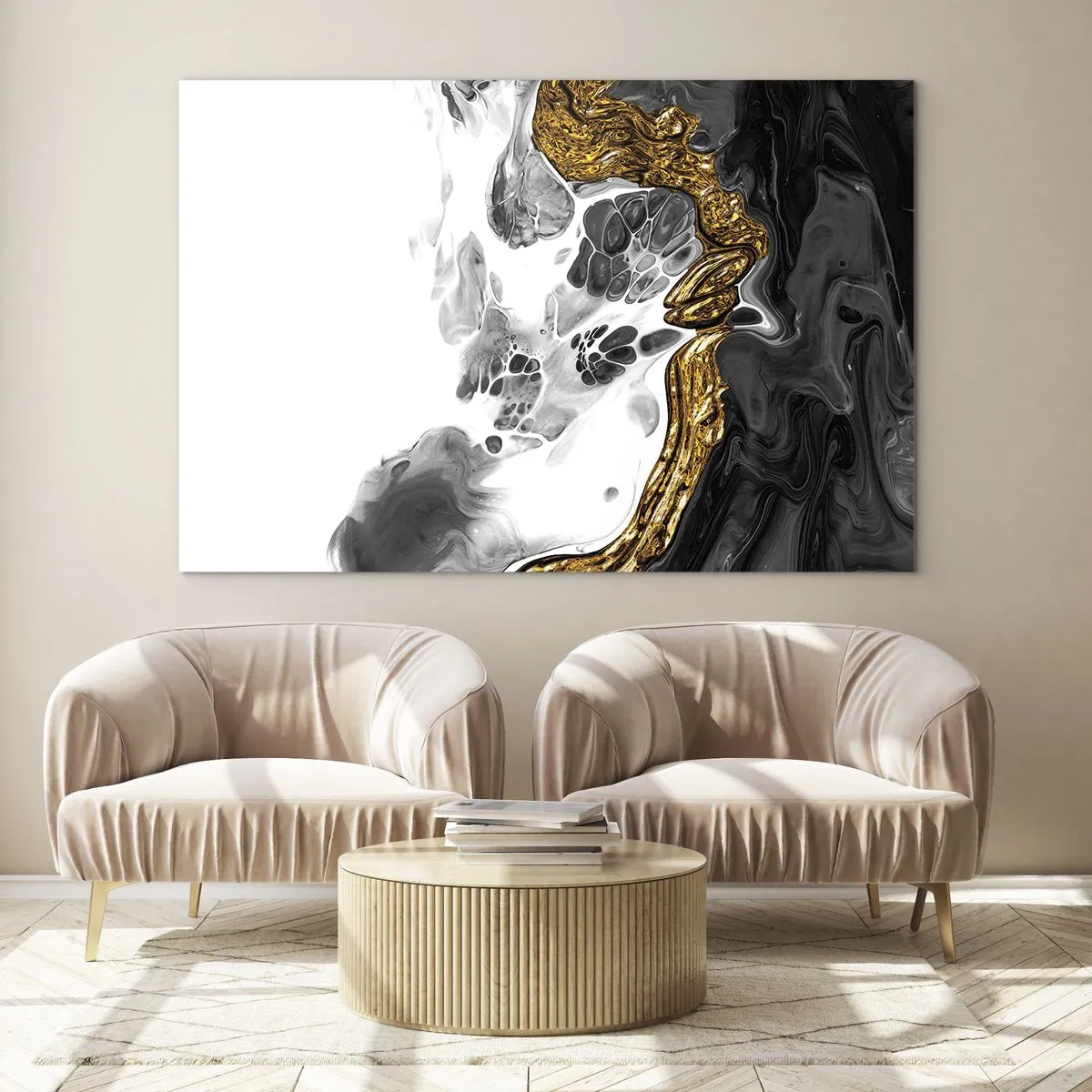 Obraz na skle - Abstraktná kompozícia čiernej, bielej a zlatej farby - 70x50cm - Organická kompozícia - Moderná nástenná dekorácia do obývacej izby a spálne ARTTOR