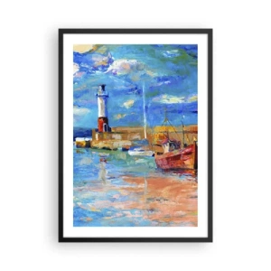 Plagát v čiernom ráme - Malebný prístav s majákom a kotviacimi loďami - 50x70cm - Popoludní v dúhovom zálive - Moderná nástenná dekorácia do obývacej izby a spálne ARTTOR