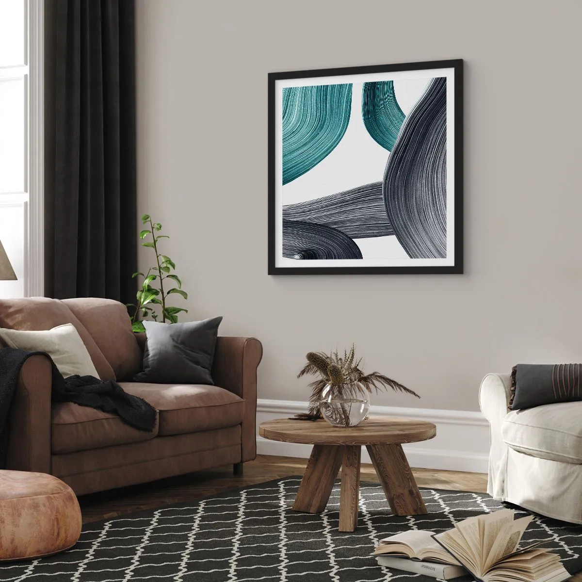 Plagát v čiernom ráme - Smaragdové a čierne vlny - 60x60 cm