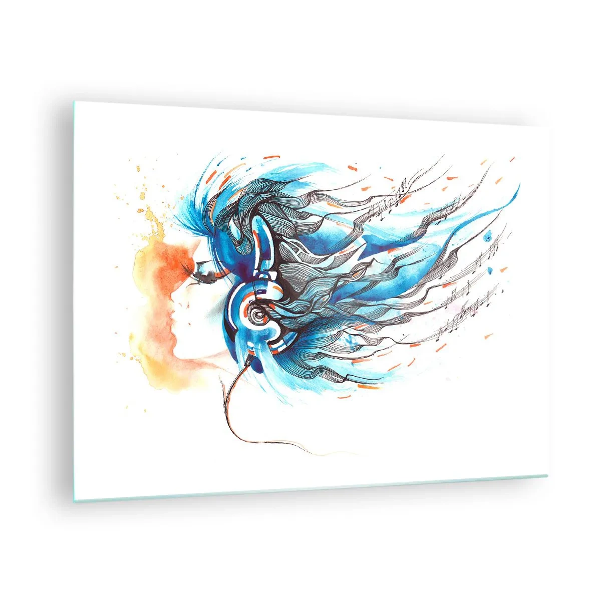Obraz na skle - Žena s modrými vlasmi a slúchadlami s hudobným výrazom - 70x50cm - Nech hrá hudba - Moderná nástenná dekorácia do obývacej izby a spálne ARTTOR