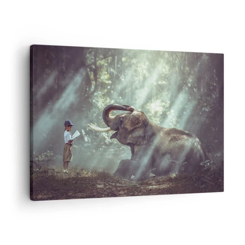 Obraz na plátne - Chlapec a slon v lesnom prostredí osvetlenom slnečným svetlom - 70x50cm - A počuj toto… - Moderná nástenná dekorácia do obývacej izby a spálne ARTTOR
