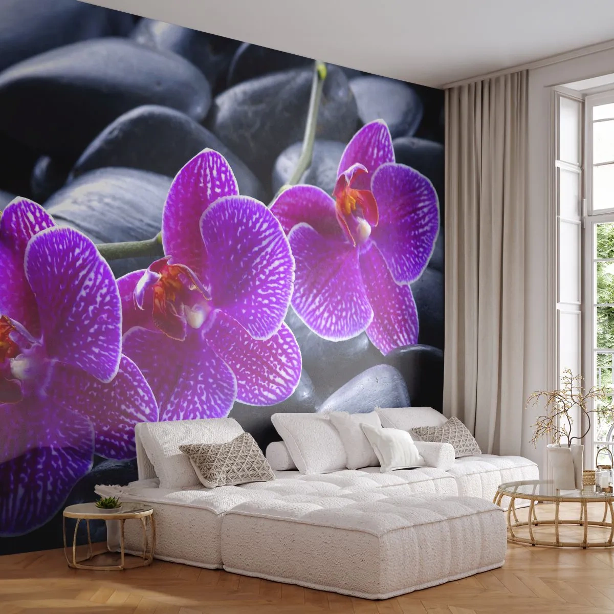 Fototapeta Premium Sand - Kamene sa rozžiarili nadšením - Kvety, Kamene, Orchidea - 400x280 cm