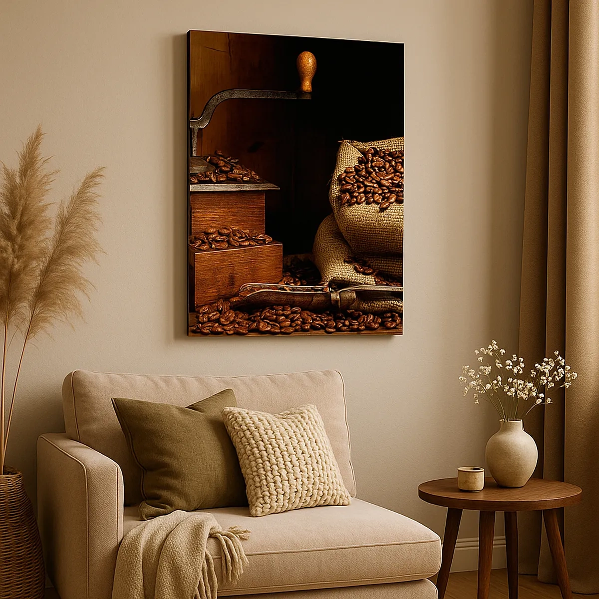 Obraz na plátne - Zátišie so zrnkami kávy a mlynčekom - 50x70 cm