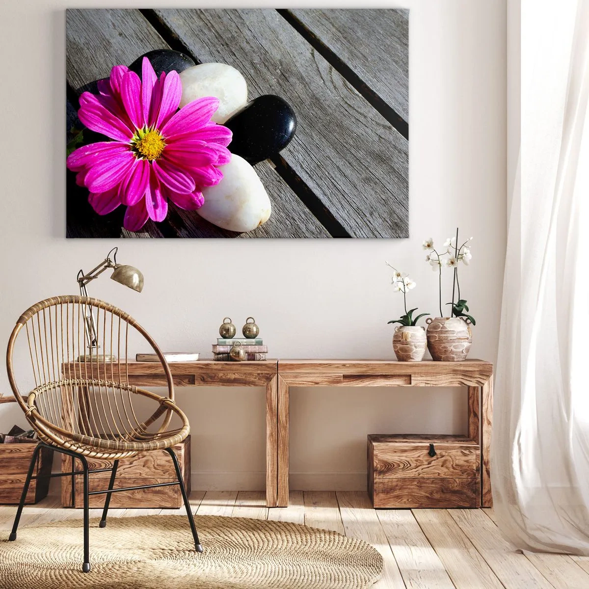 Obraz na plátne - Ružový kvet na pozadí drevených dosiek s kameňmi - 70x50cm - Odpočinok na móle - Moderná nástenná dekorácia do obývacej izby a spálne ARTTOR