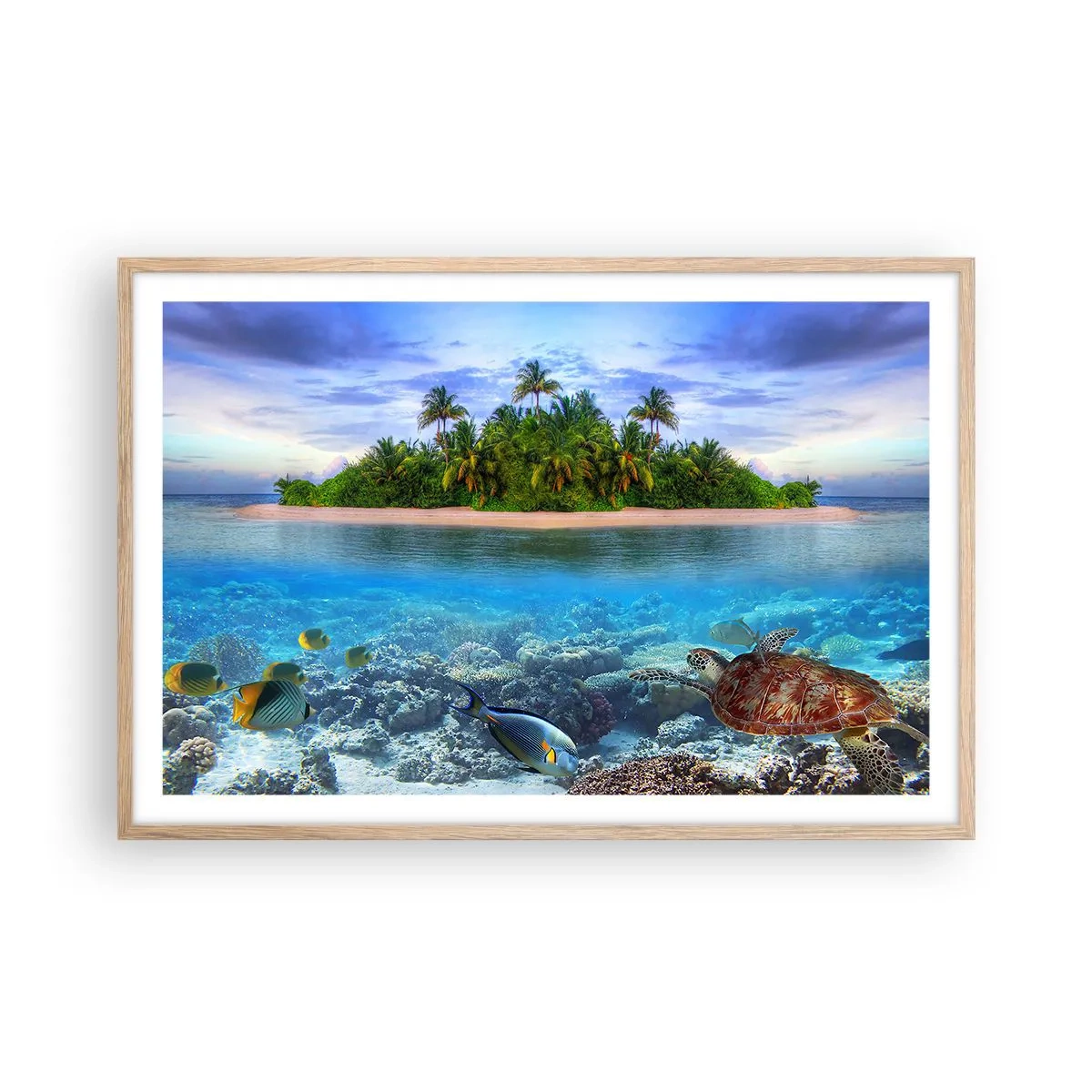 Plagát v ráme zo svetlého duba - Nebeský ostrov pozýva - 91x61 cm