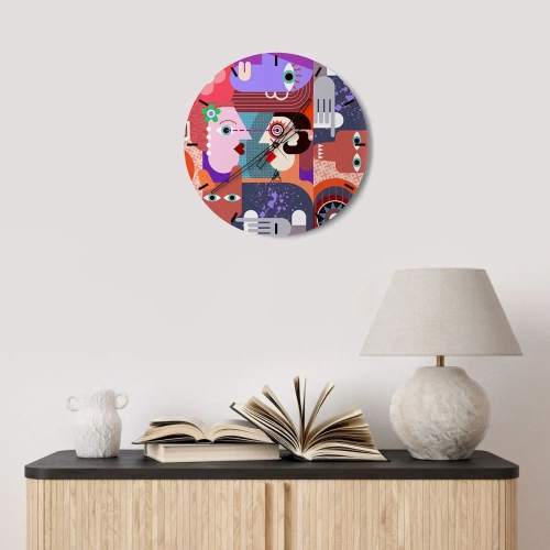 Nástenné hodiny - Farebná abstrakcia s motívom tváre v kubistickom štýle - 30x30cm - Tvárou v tvár - Moderná nástenná dekorácia do obývacej izby, kuchyne a spálne ARTTOR