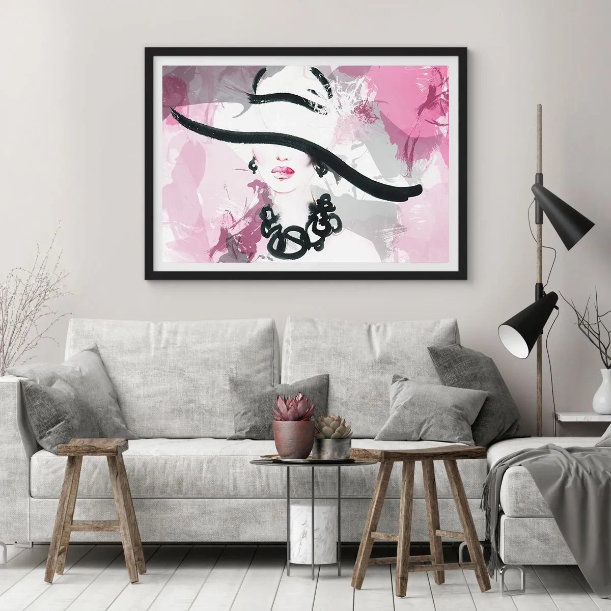 Plagát v čiernom ráme - Portrét dámy v čiernej a ružovej - 70x50 cm