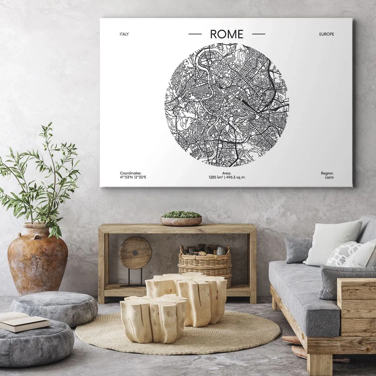 Obraz na plátne - Mapa Ríma v minimalistickom, čiernobielom štýle - 70x50cm - Anatómia Ríma - Moderná nástenná dekorácia do obývacej izby a spálne ARTTOR