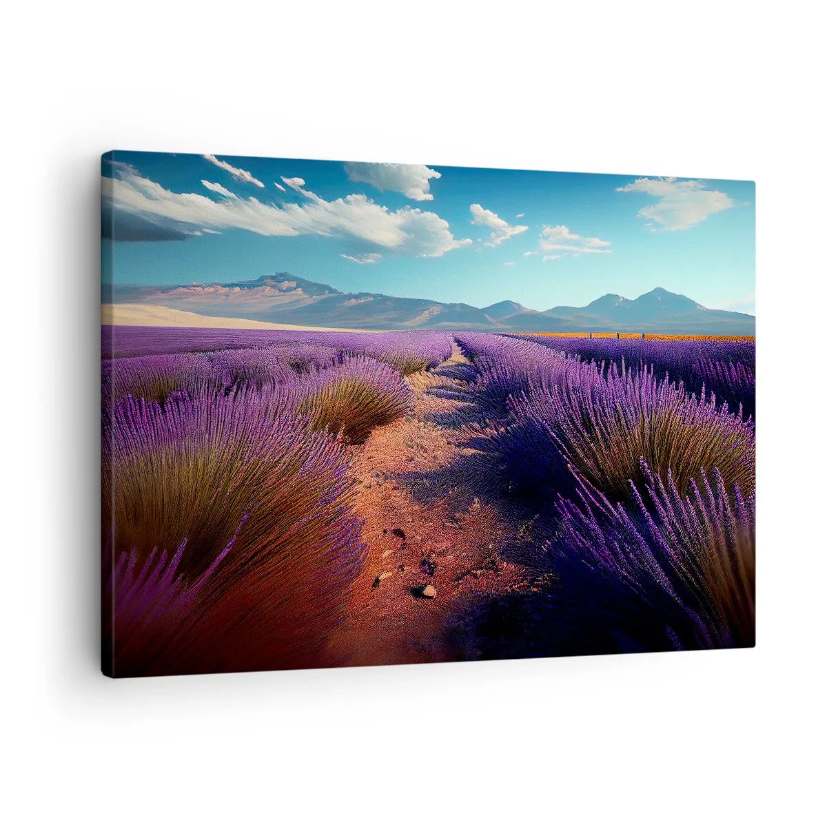 Obraz na plátne - Levanduľové pole s výhľadom na hory a modrú oblohu - 70x50cm - Voňavé polia - Moderná nástenná dekorácia do obývacej izby a spálne ARTTOR