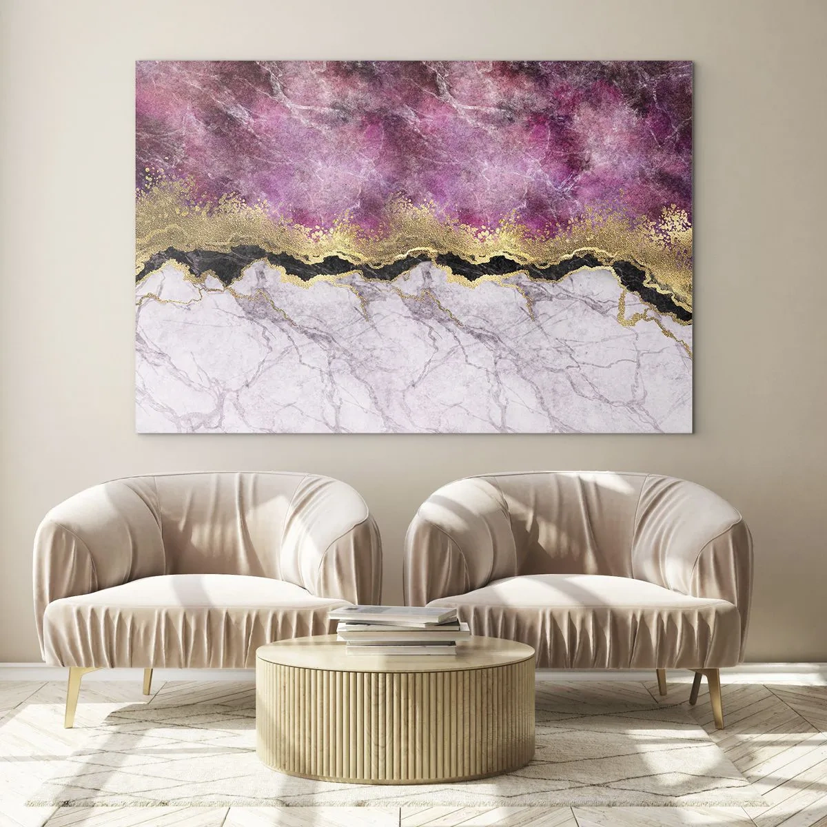 Obraz na skle - Abstraktná mramorová kompozícia so zlatými a fialovými akcentmi - 70x50cm - Na hranici - Moderná nástenná dekorácia do obývacej izby a spálne ARTTOR