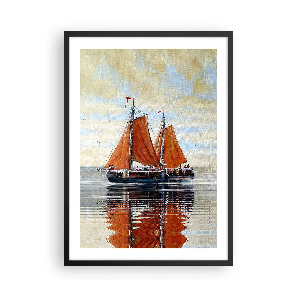 Plagát v čiernom ráme - Plachetnice na pokojnej vode s červenými plachtami - 50x70cm - Pluj, námorník… - Moderná nástenná dekorácia do obývacej izby a spálne ARTTOR