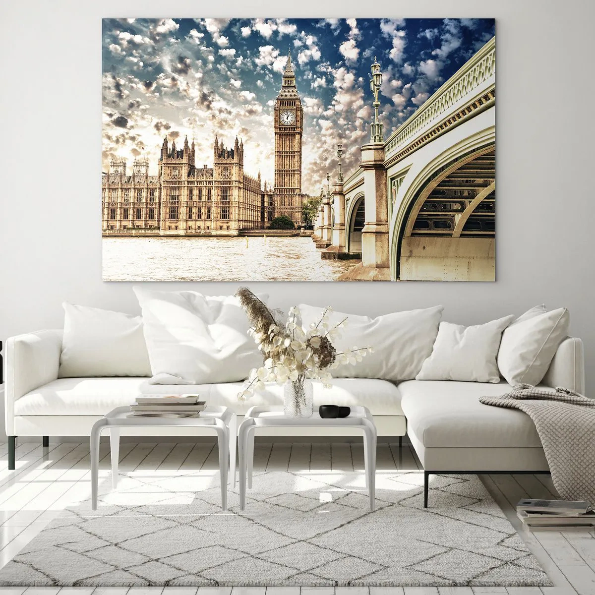 Obraz na skle - Big Ben a Westminsterský most v Londýne - 70x50cm - Perové oblaky nad Temžou - Moderná nástenná dekorácia do obývacej izby a spálne ARTTOR