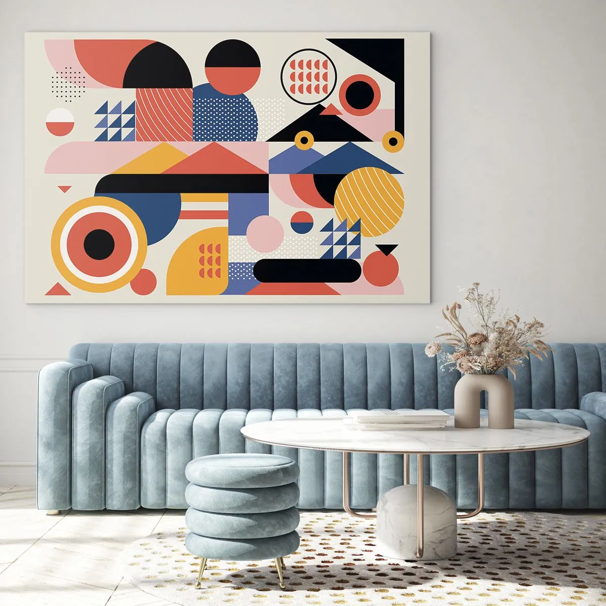 Obraz na skle - Farebná geometrická abstrakcia s kruhmi a trojuholníkmi - 70x50cm - Kompozícia: poďme sa hrať - Moderná nástenná dekorácia do obývacej izby a spálne ARTTOR