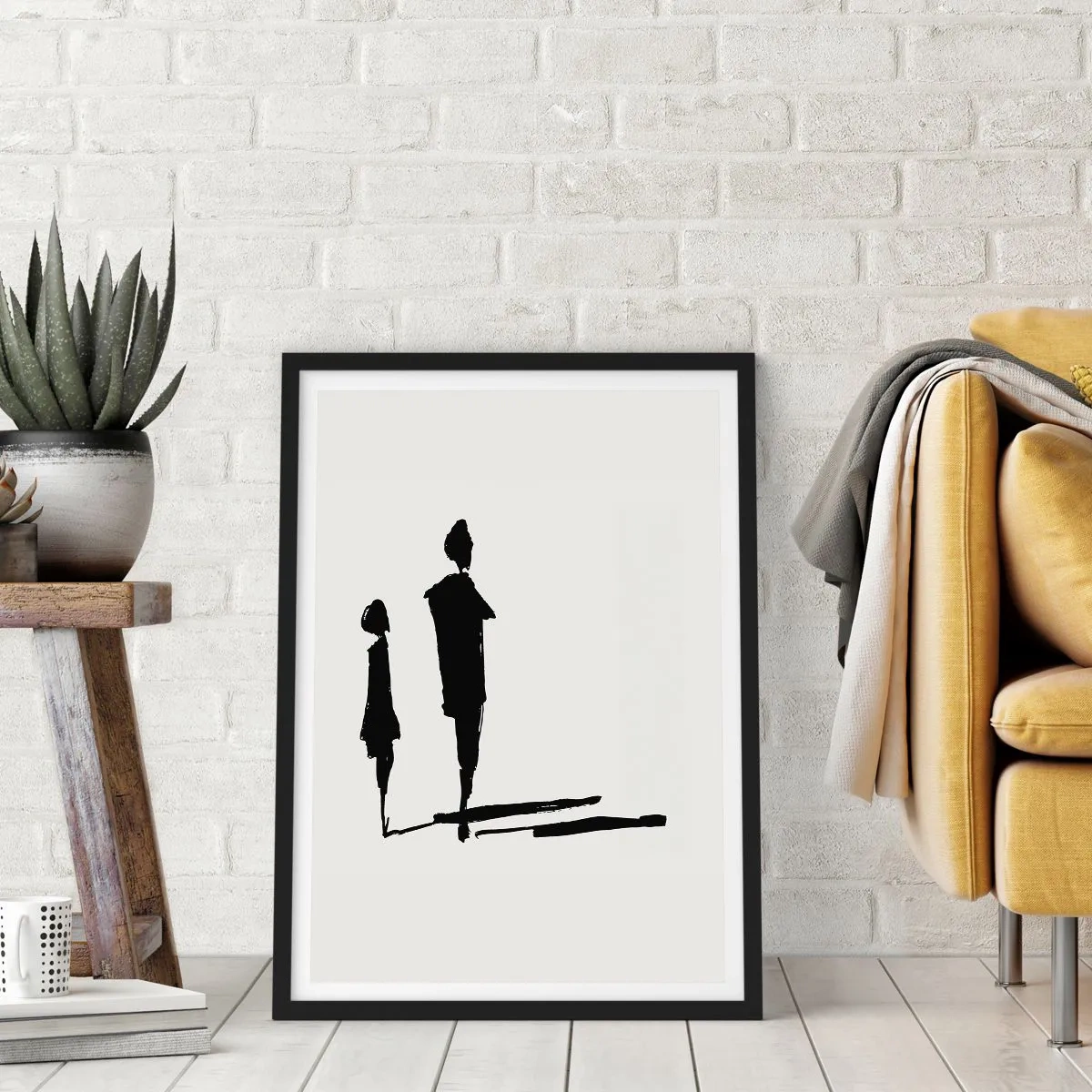 Plagát v čiernom ráme - Siluety dvoch postáv v čiernom na svetlom pozadí - 50x70cm - Určite spolu? - Moderná nástenná dekorácia do obývacej izby a spálne ARTTOR