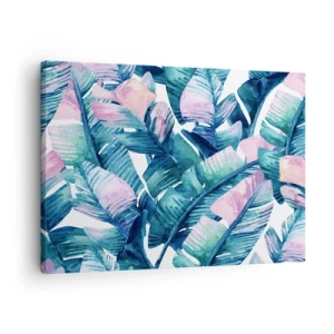 Obraz na plátne - Banánové listy v odtieňoch modrej a ružovej - 70x50cm - V banánovom háji - Moderná nástenná dekorácia do obývacej izby a spálne ARTTOR