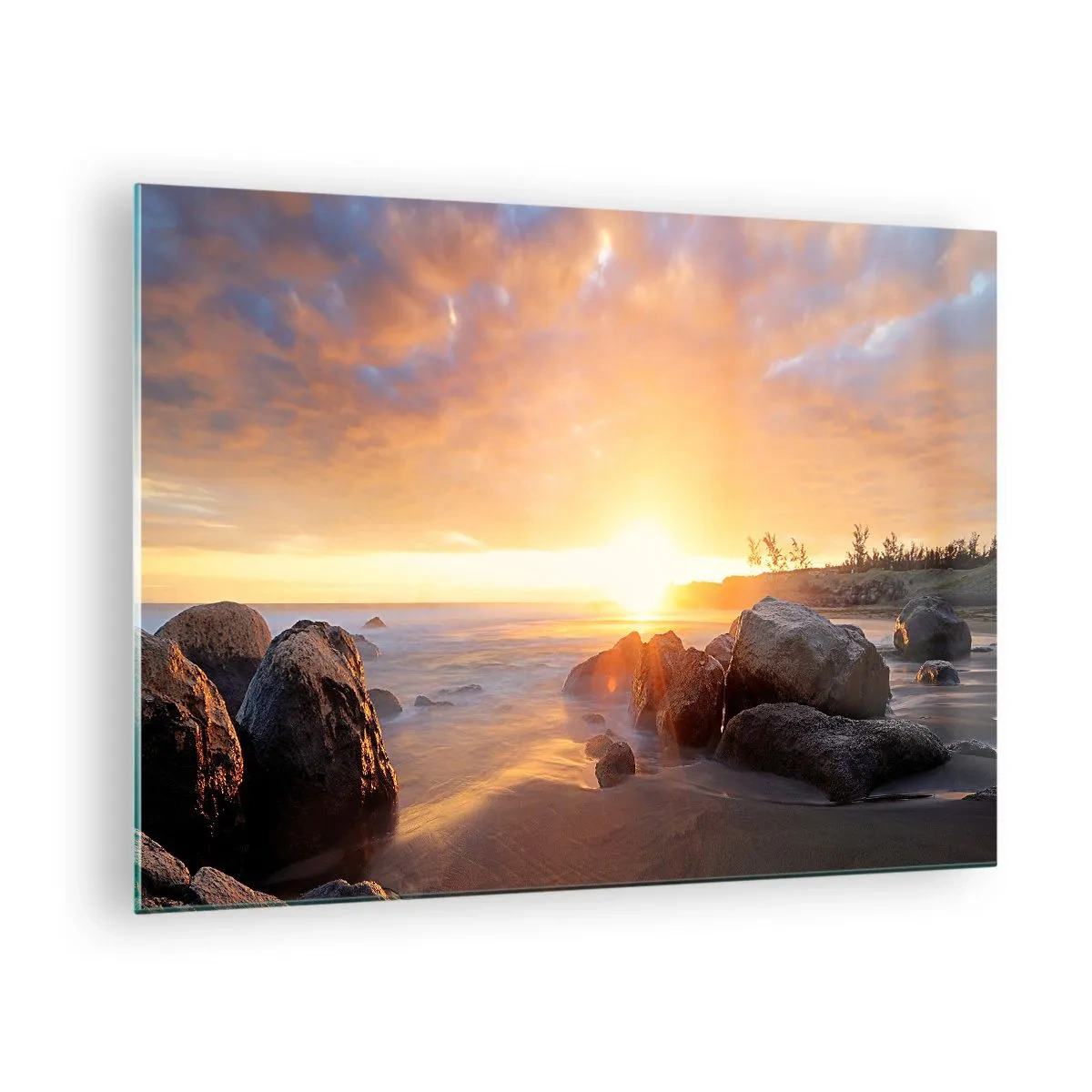 Obraz na skle - Západ slnka nad morom s kameňmi na brehu - 70x50cm - Svetlý večerný vánok - Moderná nástenná dekorácia do obývacej izby a spálne ARTTOR