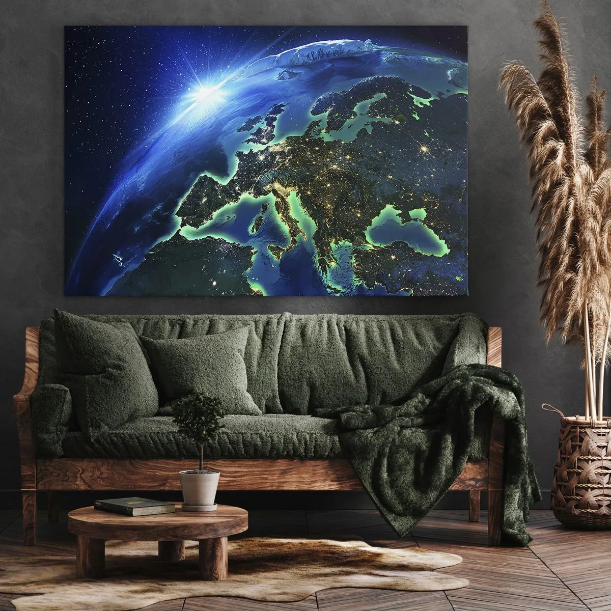 Obraz na plátne - Pohľad na Európu z vesmíru v žiari vychádzajúceho slnka. - 70x50cm - Iskrivá Európa - Moderná nástenná dekorácia do obývacej izby a spálne ARTTOR