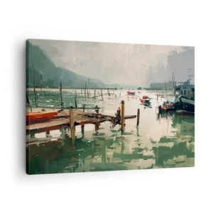 Obraz na plátne - Malebný prístav s loďkami na pokojnej vode - 70x50cm - Zaliate roztaveným mesiacom - Moderná nástenná dekorácia do obývacej izby a spálne ARTTOR