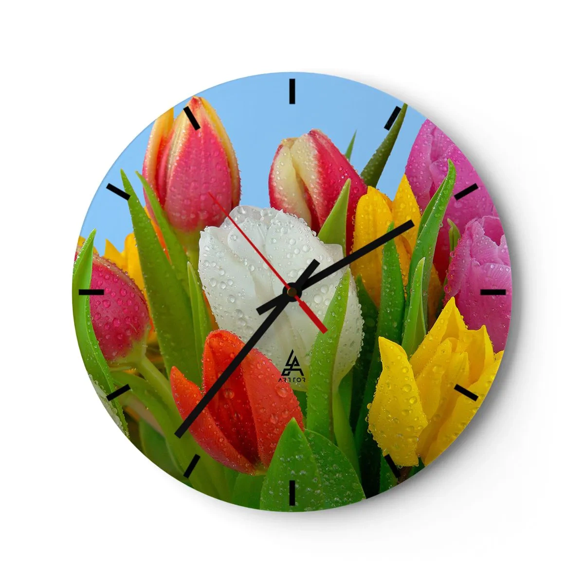 Nástenné hodiny - Kvetinová dúha v kvapkách rosy - 40x40 cm