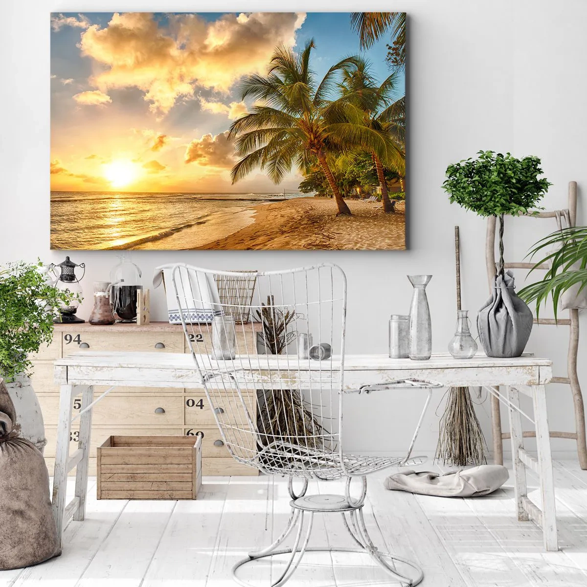 Obraz na plátne - Pláž s palmami a západ slnka nad oceánom - 70x50cm - Večné leto, vždy prázdniny - Moderná nástenná dekorácia do obývacej izby a spálne ARTTOR