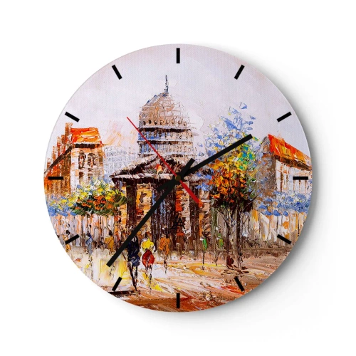 Nástenné hodiny - Maliarska pouličná scéna s katedrálou v pozadí - 30x30cm - Parížska prechádzka - Moderná nástenná dekorácia do obývacej izby, kuchyne a spálne ARTTOR