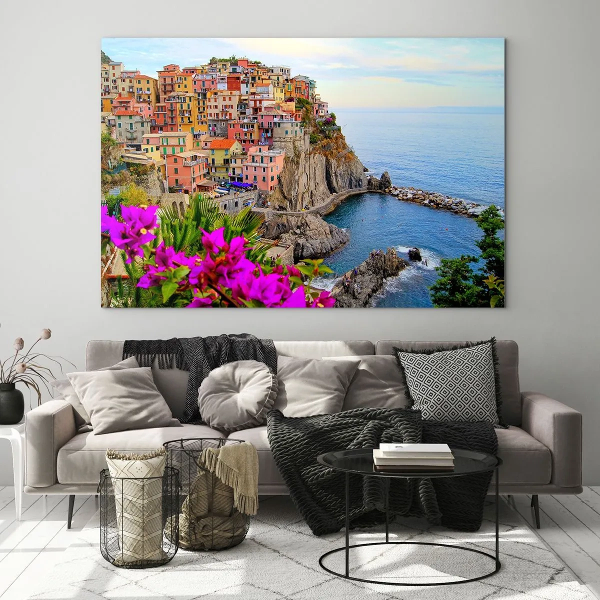 Obraz na skle - Farebné domy na útese s výhľadom na more - 70x50cm - Usmievavé mesto - Moderná nástenná dekorácia do obývacej izby a spálne ARTTOR