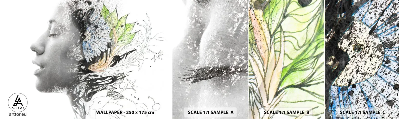 Vzorka samolepiacej fototapety Deluxe Sticker - Ponorená do prírody - Abstrakcia, Ženská tvár, Kvety - 100x30 cm