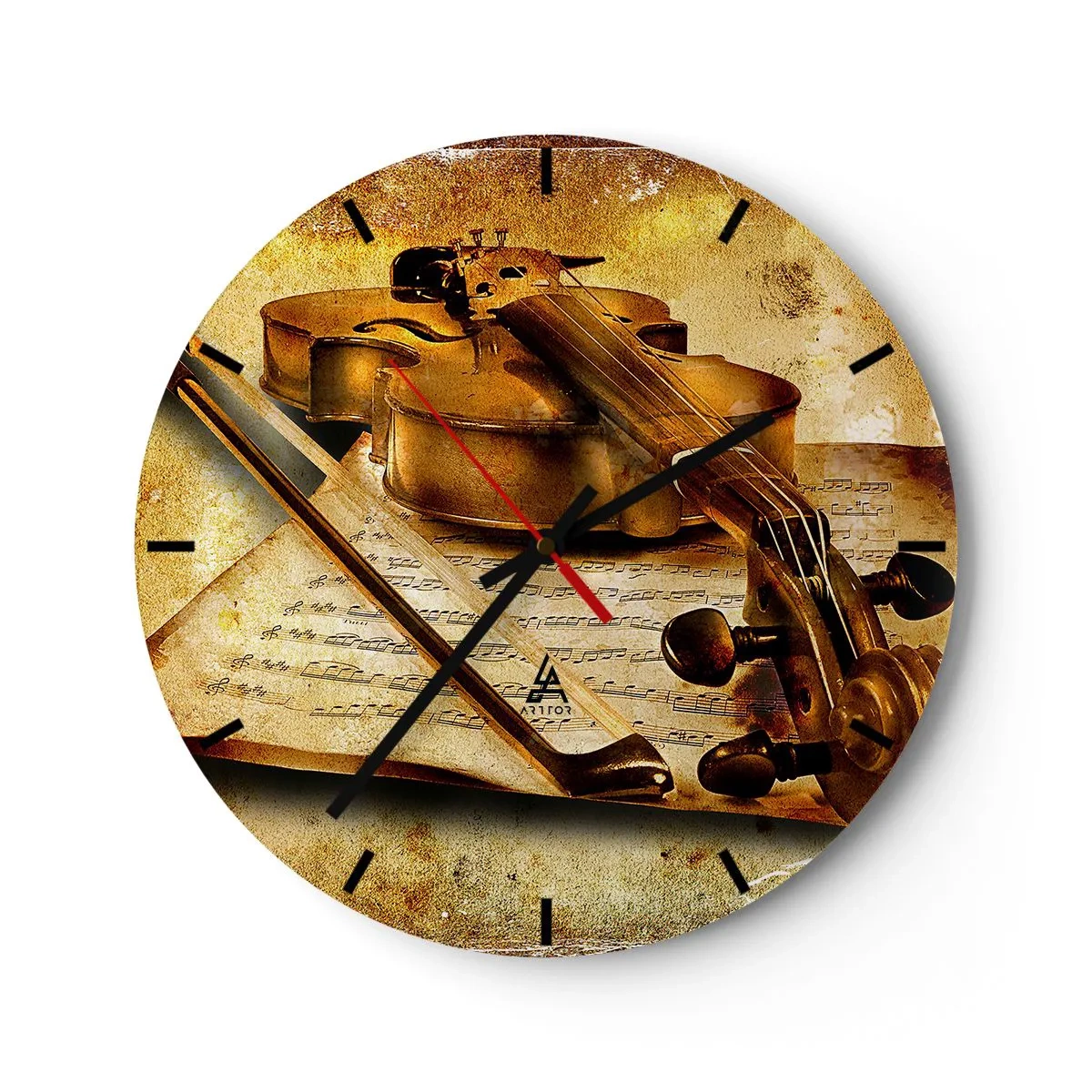 Nástenné hodiny - Motív huslí s hudobnými notami na zlatom podklade - 30x30cm - Okamžite potrebný virtuóz - Moderná nástenná dekorácia do obývacej izby, kuchyne a spálne ARTTOR