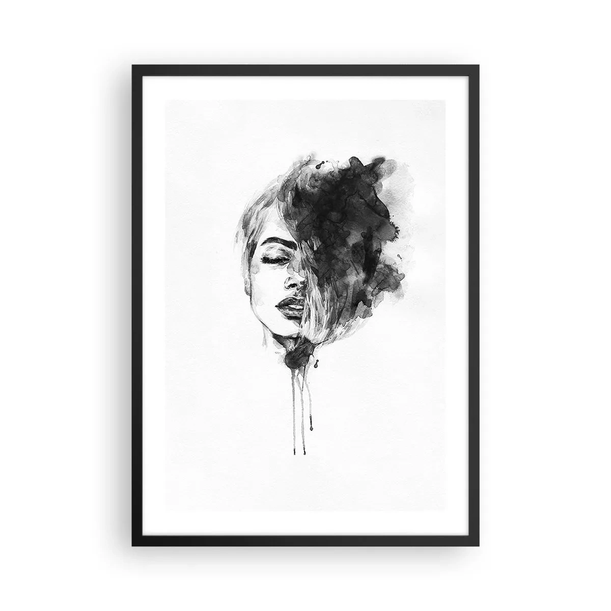Plagát v čiernom ráme - Portrét ženy v čiernobielom akvarelovom štýle - 50x70cm - O čom sníva dievča - Moderná nástenná dekorácia do obývacej izby a spálne ARTTOR
