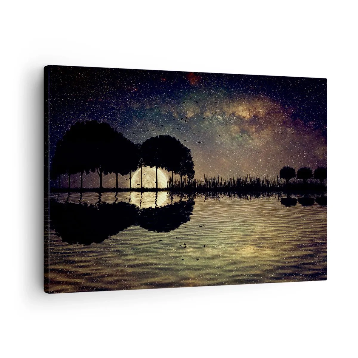 Obraz na plátne - Magická noc so stromami a mesiacom odrážajúcim sa na vode - 70x50cm - Noc na konci sveta - Moderná nástenná dekorácia do obývacej izby a spálne ARTTOR