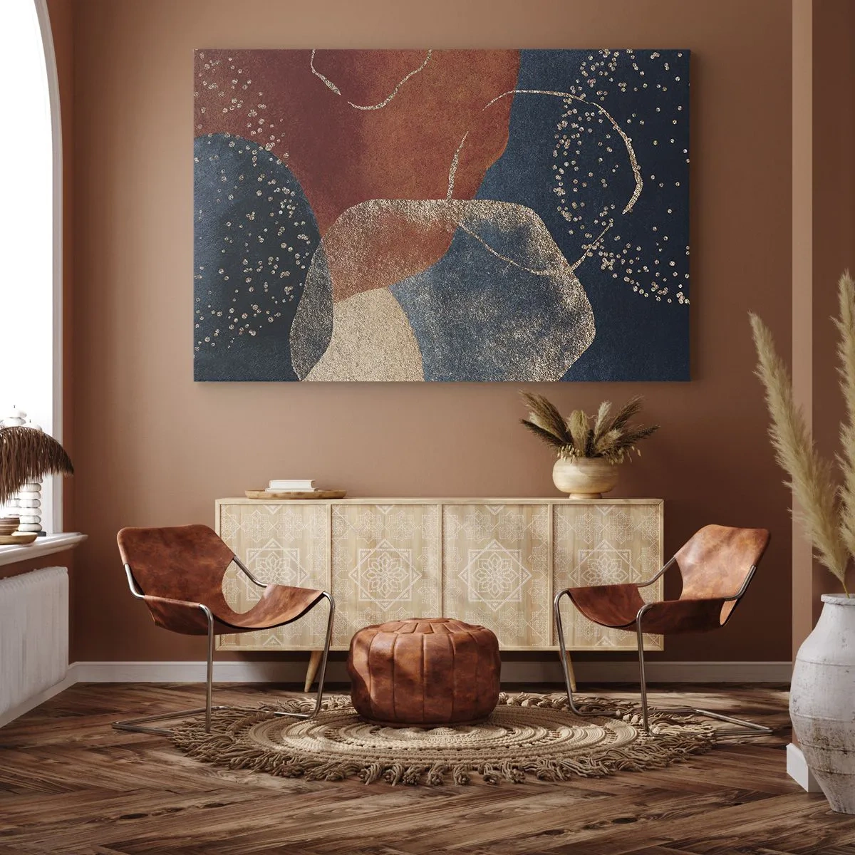 Obraz na plátne - Abstraktné tvary v odtieňoch červenej a modrej - 70x50cm - Ľahkosť bytia - Moderná nástenná dekorácia do obývacej izby a spálne ARTTOR