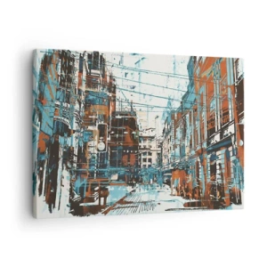 Obraz na plátne - Panoráma mesta v odtieňoch modrej a oranžovej - 70x50cm - Zdolaný mestský chodník - Moderná nástenná dekorácia do obývacej izby a spálne ARTTOR