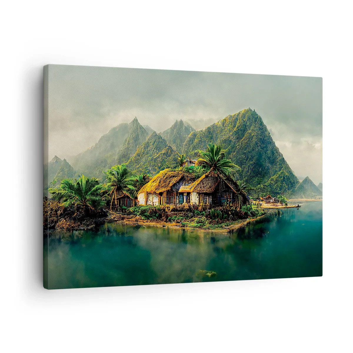 Obraz na plátne - Tropický ostrov s palmami a horami v pozadí - 70x50cm - Tropický raj - Moderná nástenná dekorácia do obývacej izby a spálne ARTTOR