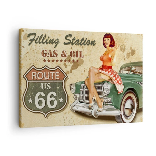 Obraz na plátne - Retro plagát Route 66 s pin-up dievčaťom a autom - 70x50cm - Skvelé 40. roky - Moderná nástenná dekorácia do obývacej izby a spálne ARTTOR