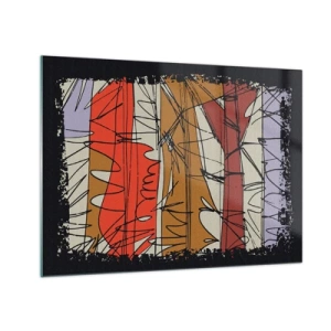 Obraz na skle - Grafická abstrakcia s farebnými pruhmi a čiernymi čiarami - 70x50cm - Spontánna kompozícia - Moderná nástenná dekorácia do obývacej izby a spálne ARTTOR
