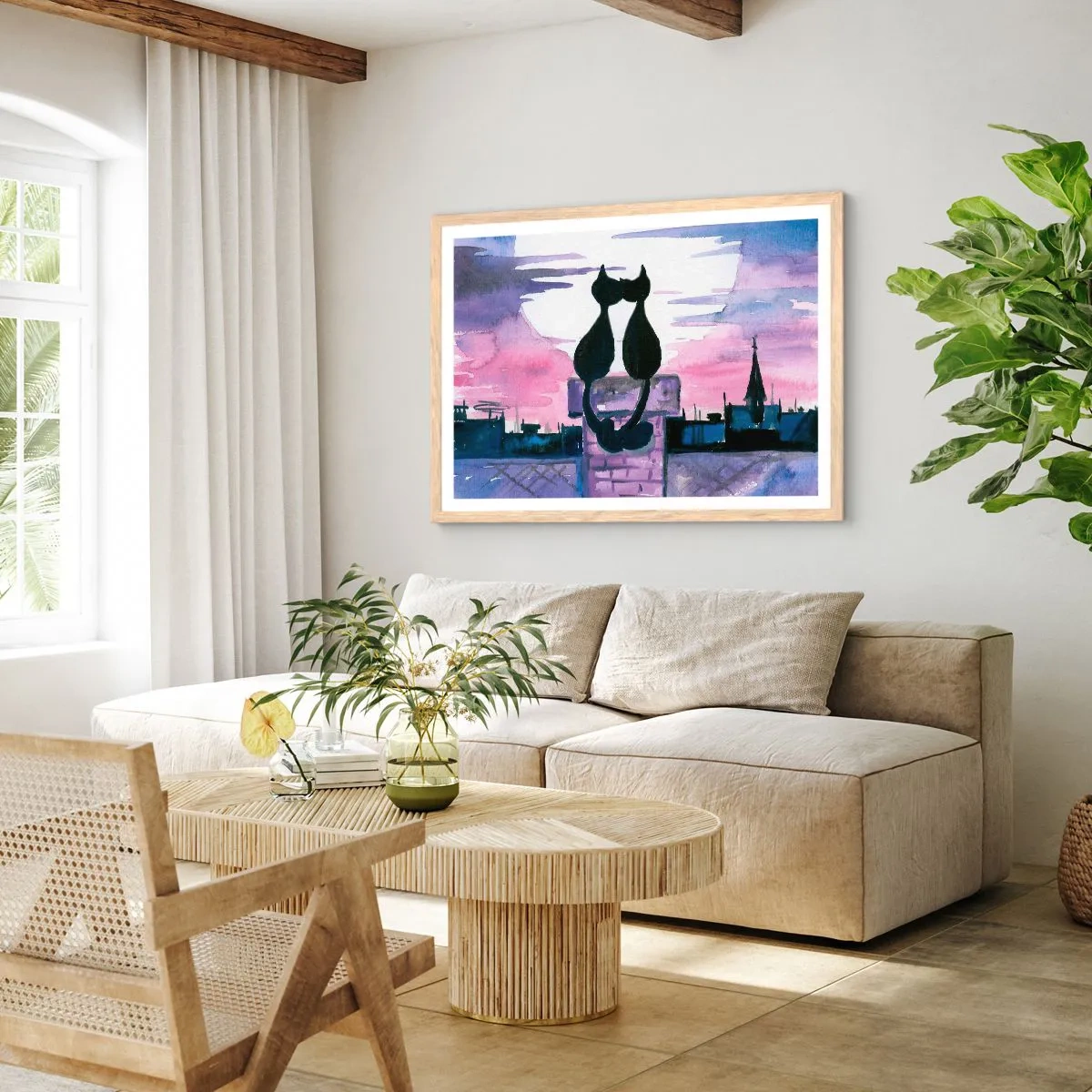 Plagát v ráme zo svetlého duba - Rendez-vous pod mesiacom - 40x30 cm