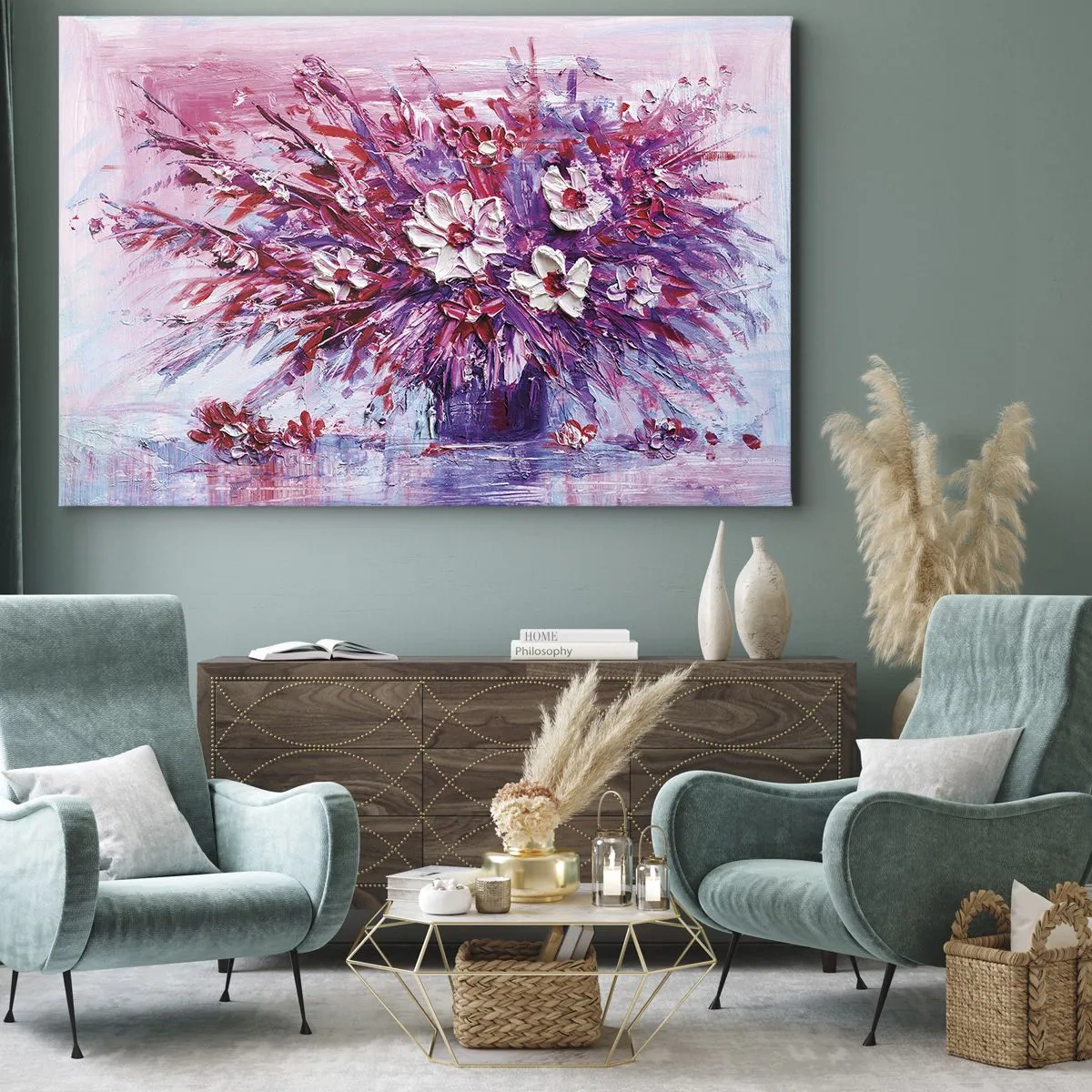 Obraz na plátne - Farebná kytica kvetov v odtieňoch ružovej a fialovej - 70x50cm - Nevinnosť a vášeň - Moderná nástenná dekorácia do obývacej izby a spálne ARTTOR