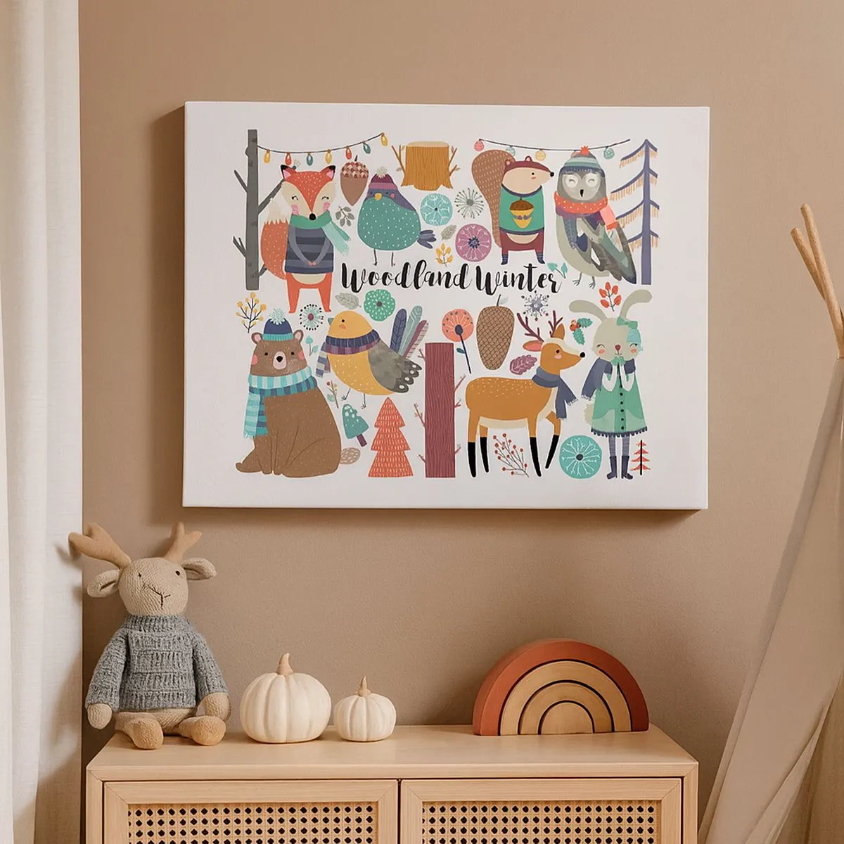 Obraz na plátne - Zimné lesné zvieratá vo farebnej grafike - 70x50cm - Rozprávkové sviatky v lese - Moderná nástenná dekorácia do obývacej izby a spálne ARTTOR