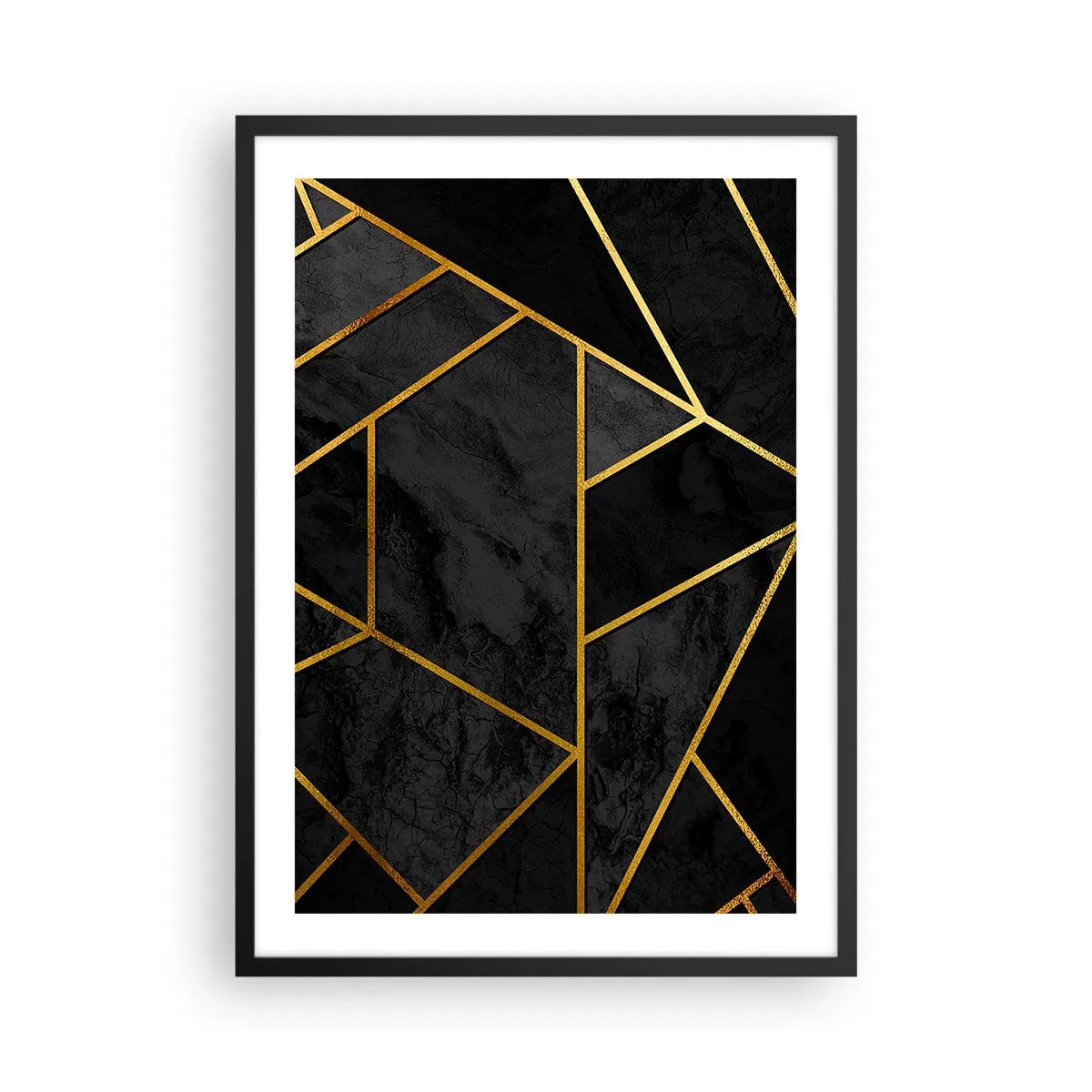 Plagát v čiernom ráme - Geometrické vzory v zlatej farbe na čiernom pozadí - 50x70cm - Temnota a svetlo - Moderná nástenná dekorácia do obývacej izby a spálne ARTTOR