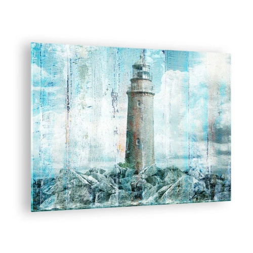Obraz na skle - Starožitný maják s oblakmi v pozadí - 70x50cm - Na starom dreve - Moderná nástenná dekorácia do obývacej izby a spálne ARTTOR