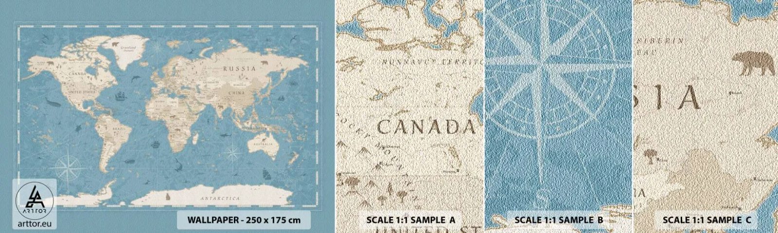 Vzorka samolepiacej fototapety Deluxe Sticker - Svet na dosah ruky - Mapa sveta, Vintage, grunge - 100x30 cm