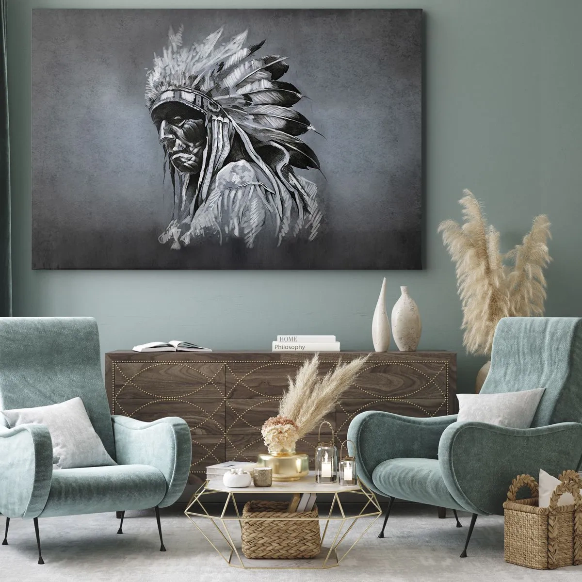 Obraz na plátne - Portrét indiánskeho náčelníka s tradičnou pokrývkou hlavy - 70x50cm - Návrat k základom - Moderná nástenná dekorácia do obývacej izby a spálne ARTTOR