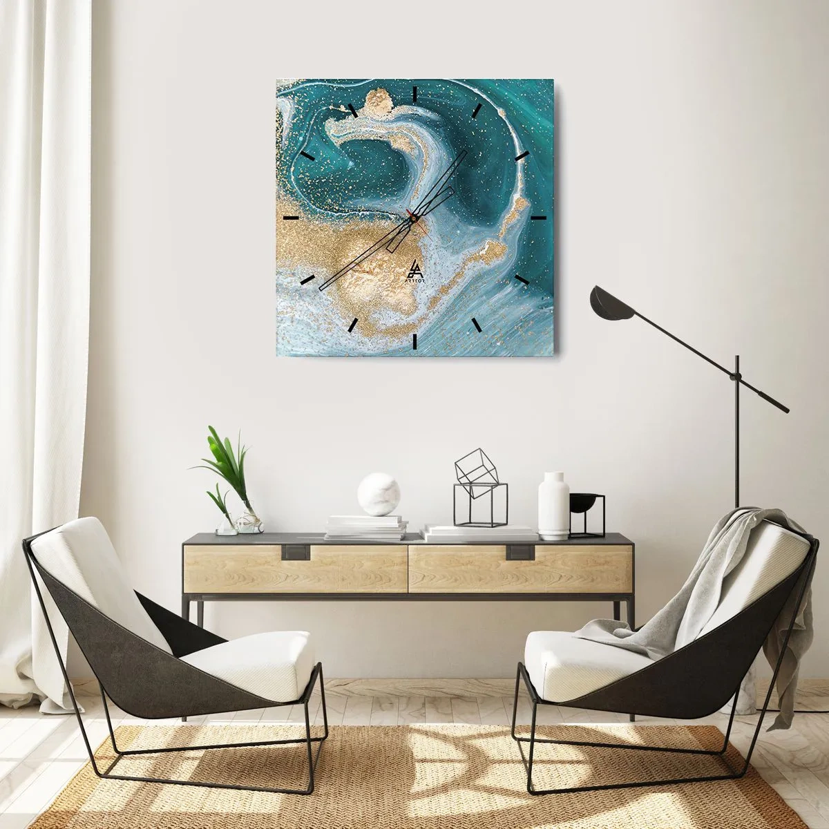 Nástenné hodiny - Vír zlatej a tyrkysovej - 30x30 cm