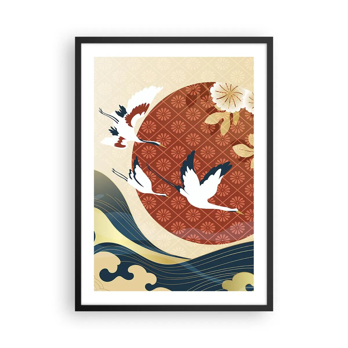 Plagát v čiernom ráme - Japonská kompozícia so žeriavmi, vlnami a červeným kruhom - 50x70cm - Japonská rozprávka - Moderná nástenná dekorácia do obývacej izby a spálne ARTTOR
