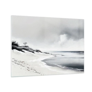 Obraz na skle - Čiernobiela pláž s horizontom a pokojným morom - 70x50cm - Vždy spolu - Moderná nástenná dekorácia do obývacej izby a spálne ARTTOR