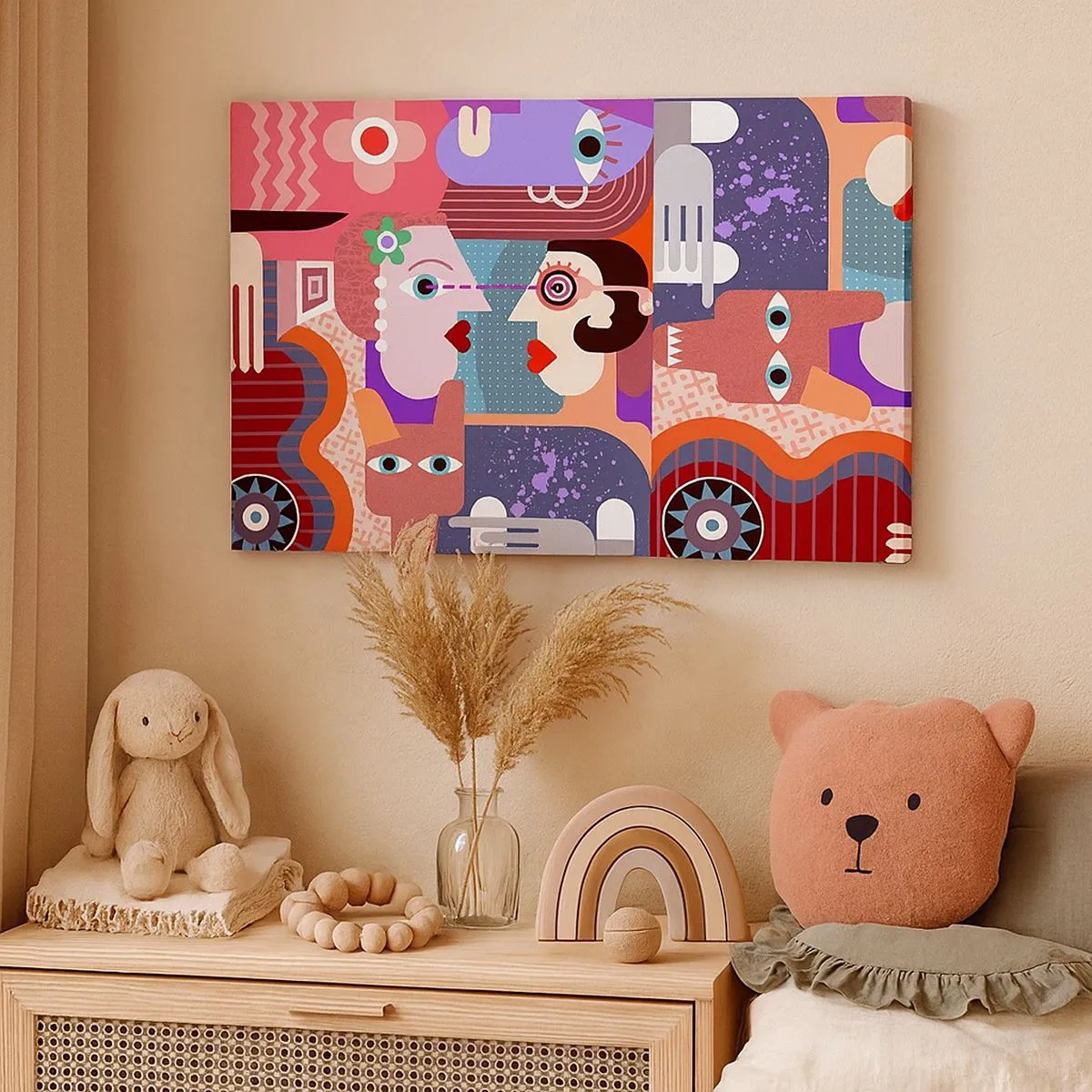 Obraz na plátne - Abstraktné postavy v živých farbách - 70x50cm - Tvárou v tvár - Moderná nástenná dekorácia do obývacej izby a spálne ARTTOR